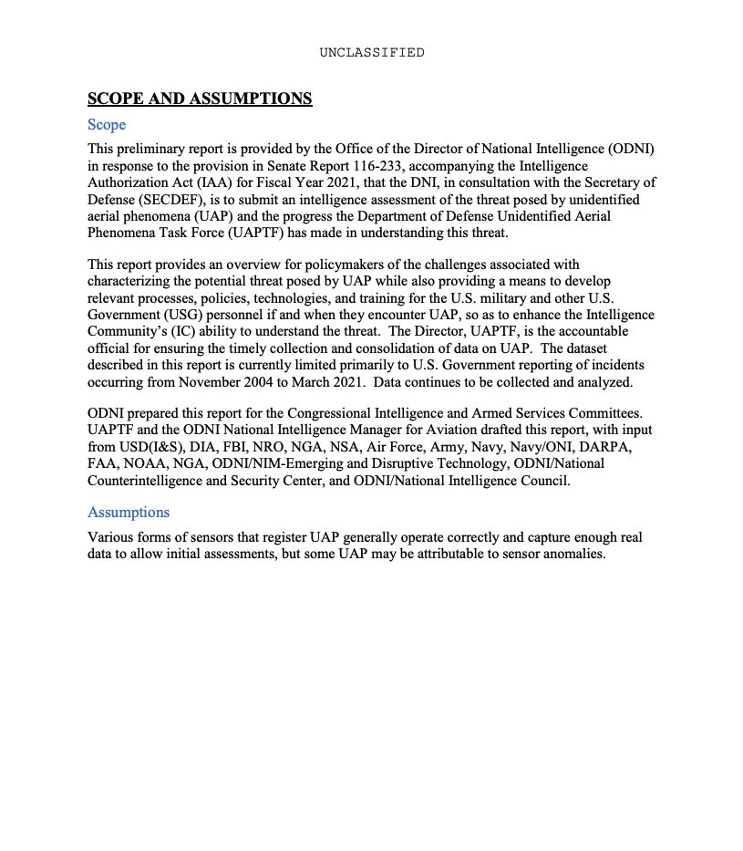 Second page of the ODNI Preliminary Assessment on unidentified aerial phenomena