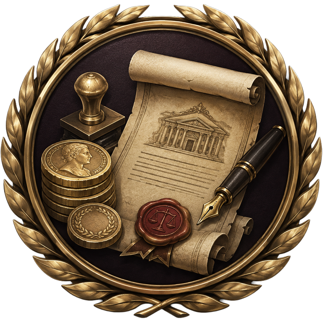 Parchment, gold coins, and scales-of-justice seal representing civil settlement