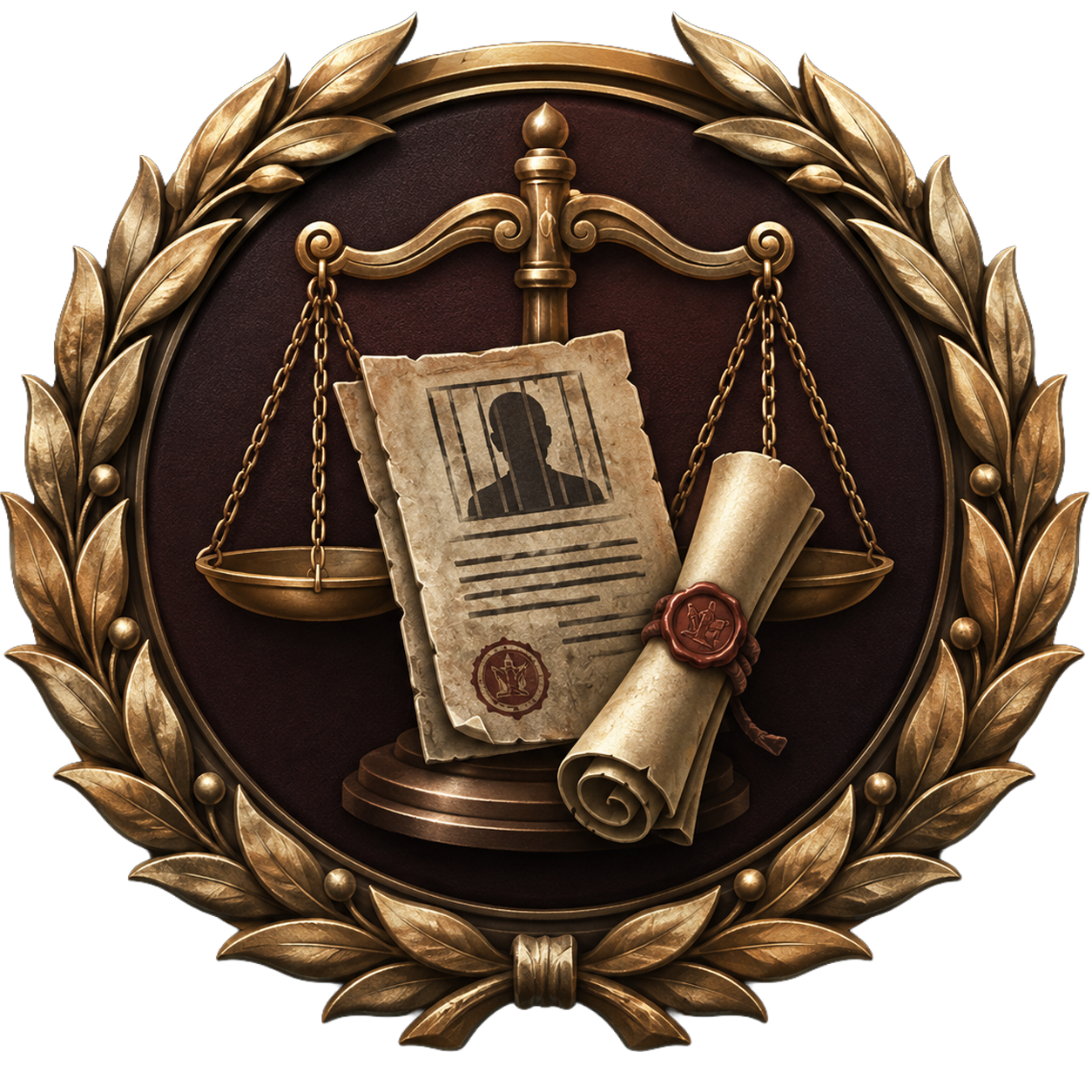 Scales of justice, barred silhouette, and sealed scroll representing criminal exposure